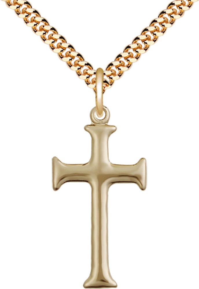 14kt Gold Filled Cross Pendant on a 24 inch Gold Plate Heavy Curb chain