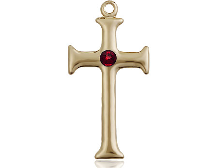 14kt Gold Cross Medal with a 3mm Garnet Swarovski stone