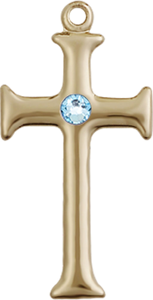 14kt Gold Cross Medal with a 3mm Aqua Swarovski stone