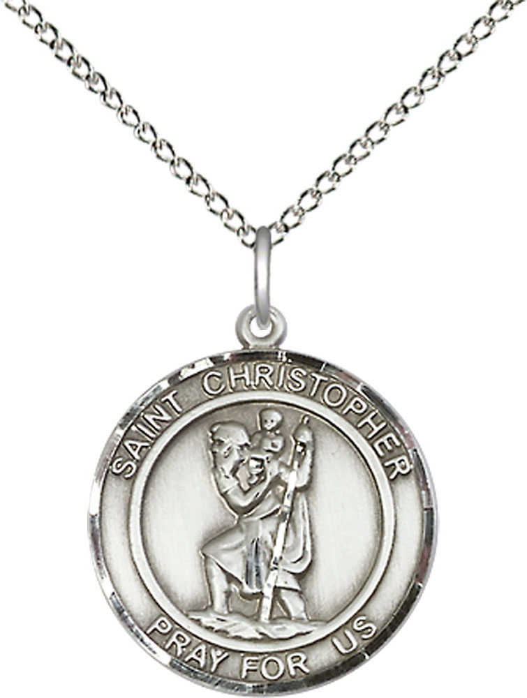 Sterling Silver Saint Christopher Pendant on a 18 inch Sterling Silver Light Curb chain