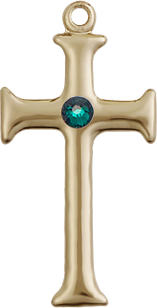 14kt Gold Cross Medal with a 3mm Emerald Swarovski stone