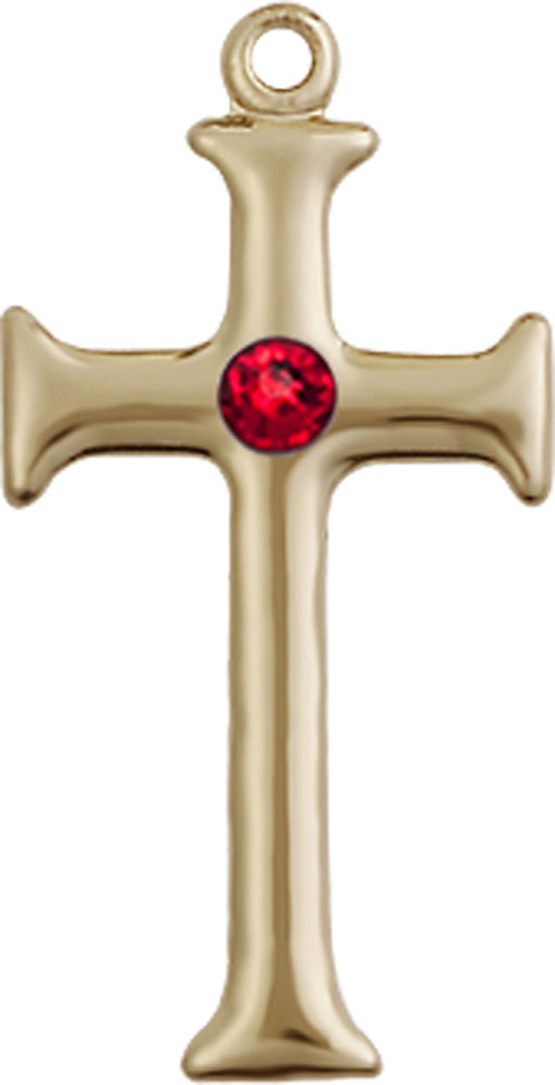 14kt Gold Cross Medal with a 3mm Ruby Swarovski stone