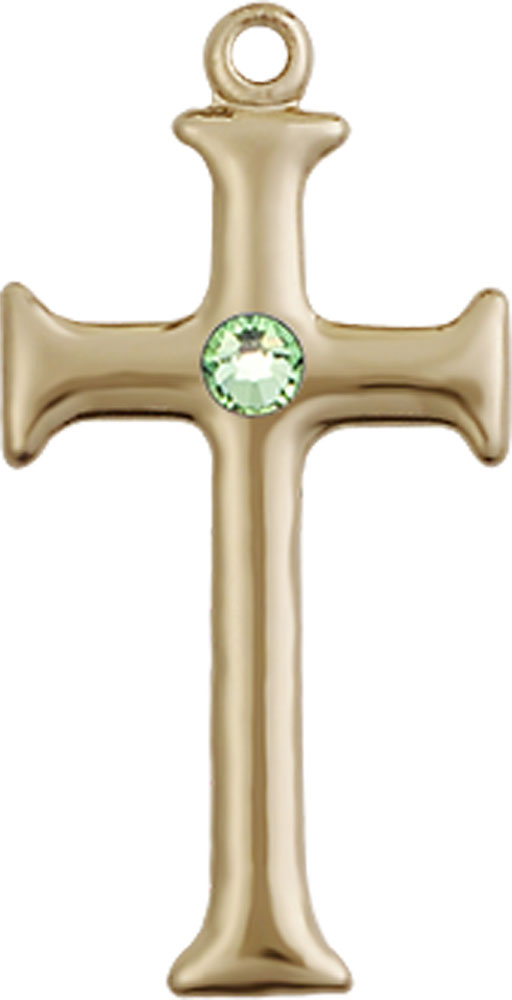 14kt Gold Cross Medal with a 3mm Peridot Swarovski stone