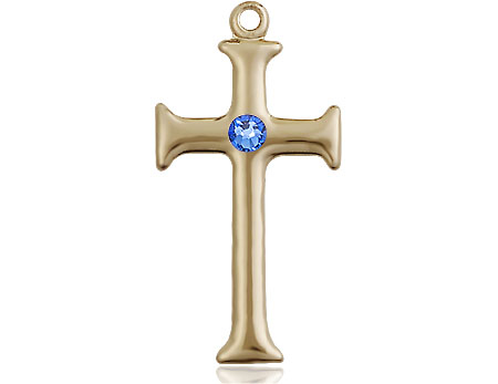 14kt Gold Cross Medal with a 3mm Sapphire Swarovski stone