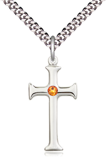 Sterling Silver Cross Pendant with a 3mm Topaz Swarovski stone on a 24 inch Light Rhodium Heavy Curb chain