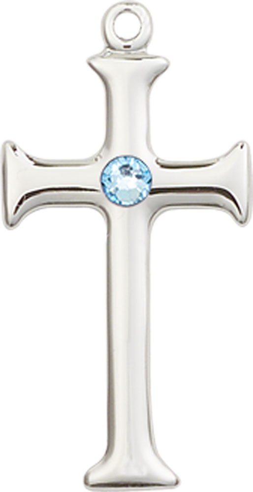 Sterling Silver Cross Medal with a 3mm Aqua Swarovski stone