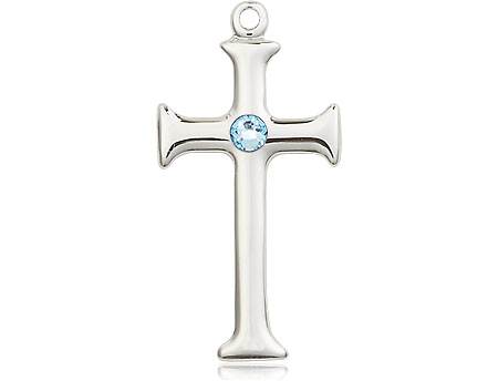 Sterling Silver Cross Medal with a 3mm Aqua Swarovski stone