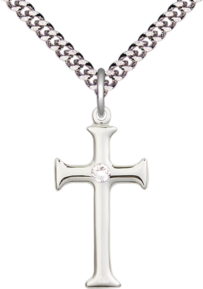 Sterling Silver Cross Pendant with a 3mm Crystal Swarovski stone on a 24 inch Light Rhodium Heavy Curb chain