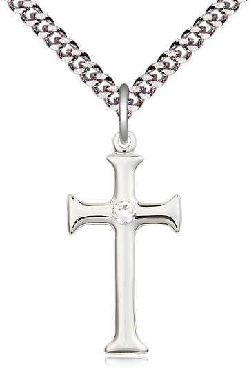 Sterling Silver Cross Pendant with a 3mm Crystal Swarovski stone on a 24 inch Light Rhodium Heavy Curb chain