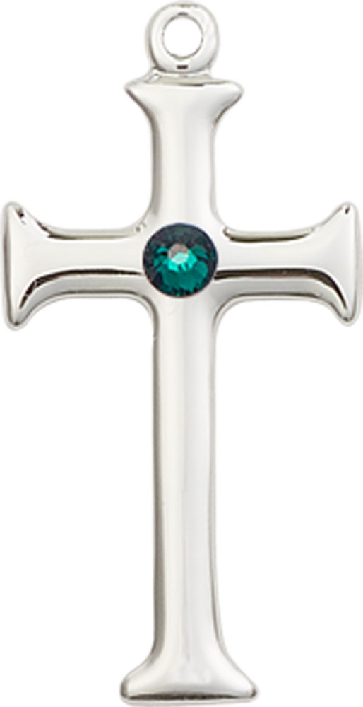 Sterling Silver Cross Medal with a 3mm Emerald Swarovski stone