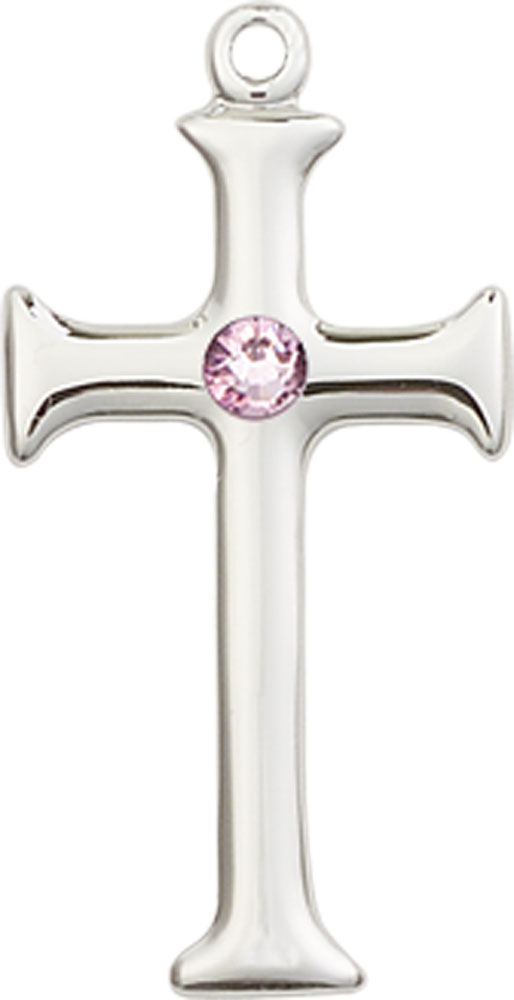 Sterling Silver Cross Medal with a 3mm Light Amethyst Swarovski stone