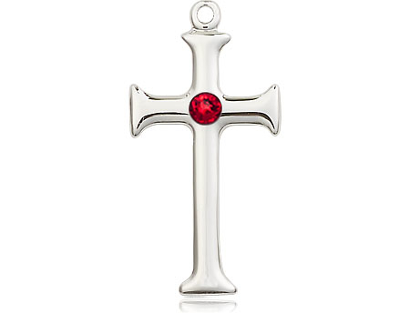 Sterling Silver Cross Medal with a 3mm Ruby Swarovski stone