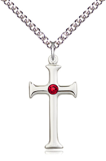 Sterling Silver Cross Pendant with a 3mm Ruby Swarovski stone on a 24 inch Sterling Silver Heavy Curb chain