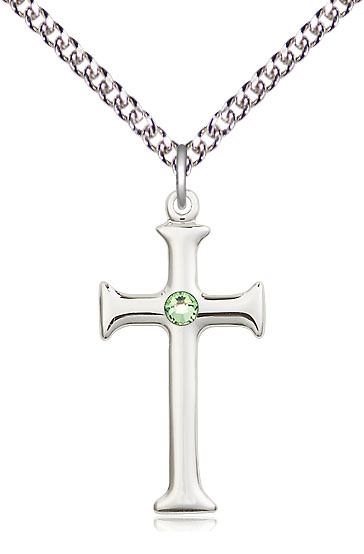 Sterling Silver Cross Pendant with a 3mm Peridot Swarovski stone on a 24 inch Sterling Silver Heavy Curb chain