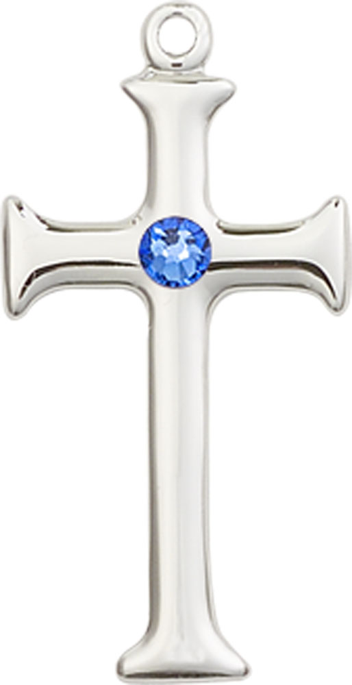 Sterling Silver Cross Medal with a 3mm Sapphire Swarovski stone