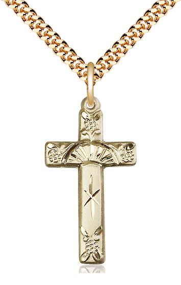 14kt Gold Filled Cross Pendant on a 24 inch Gold Plate Heavy Curb chain