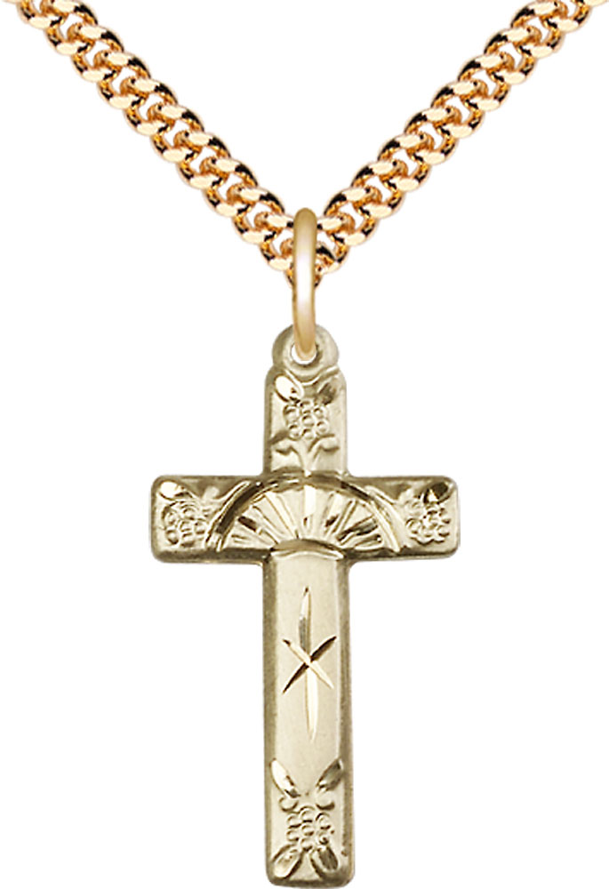 14kt Gold Filled Cross Pendant on a 24 inch Gold Plate Heavy Curb chain