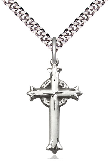 Sterling Silver Cross Pendant on a 24 inch Light Rhodium Heavy Curb chain