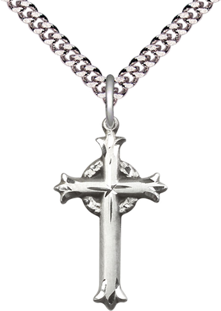 Sterling Silver Cross Pendant on a 24 inch Light Rhodium Heavy Curb chain