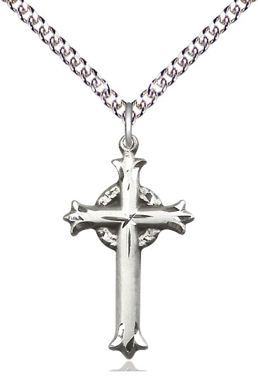 Sterling Silver Cross Pendant on a 24 inch Sterling Silver Heavy Curb chain