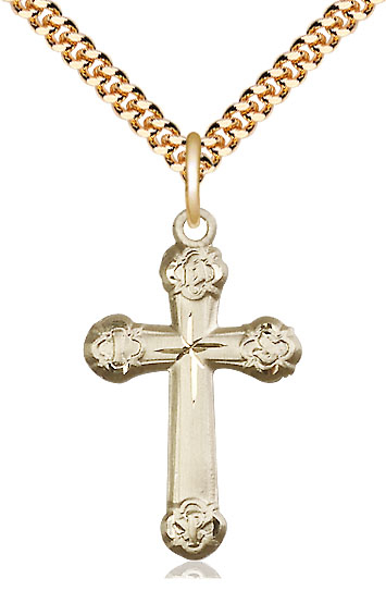 14kt Gold Filled Cross Pendant on a 24 inch Gold Plate Heavy Curb chain