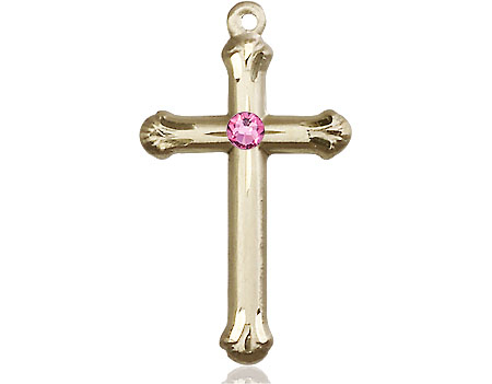 14kt Gold Filled Cross Medal with a 3mm Rose Swarovski stone