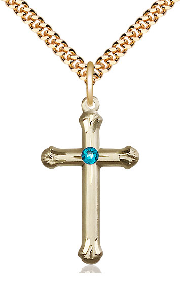 14kt Gold Filled Cross Pendant with a 3mm Zircon Swarovski stone on a 24 inch Gold Plate Heavy Curb chain