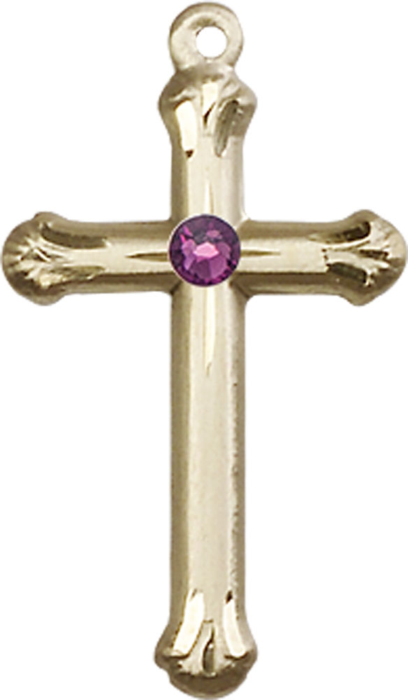 14kt Gold Filled Cross Medal with a 3mm Amethyst Swarovski stone