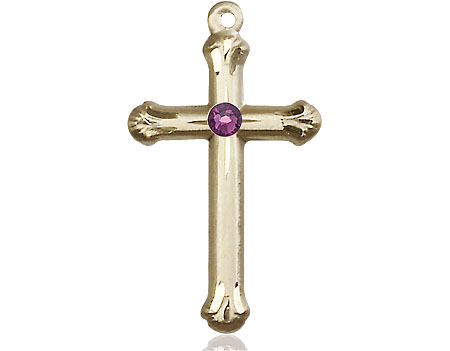 14kt Gold Filled Cross Medal with a 3mm Amethyst Swarovski stone