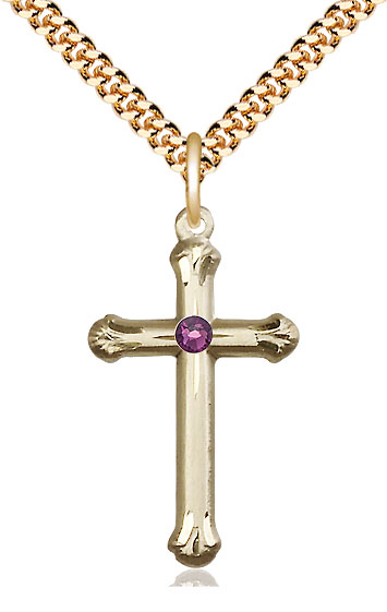 14kt Gold Filled Cross Pendant with a 3mm Amethyst Swarovski stone on a 24 inch Gold Plate Heavy Curb chain