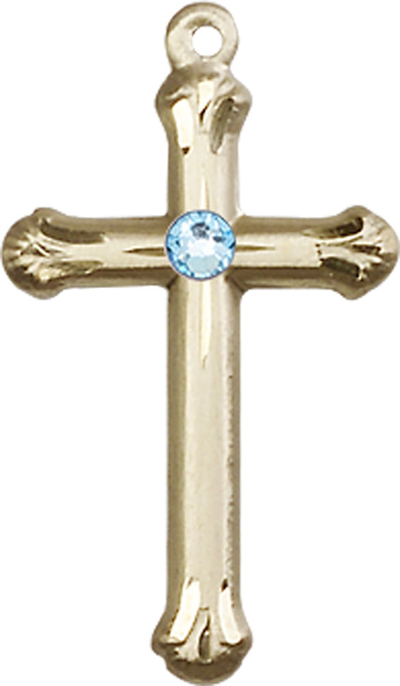14kt Gold Filled Cross Medal with a 3mm Aqua Swarovski stone