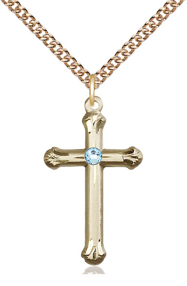 14kt Gold Filled Cross Pendant with a 3mm Aqua Swarovski stone on a 24 inch Gold Filled Heavy Curb chain