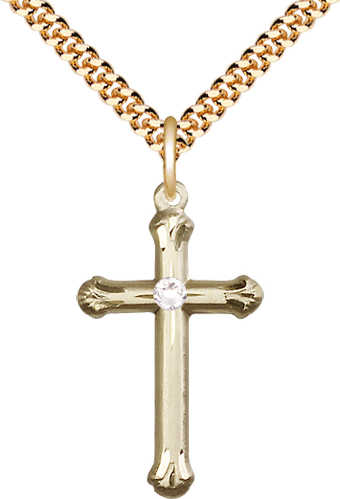 14kt Gold Filled Cross Pendant with a 3mm Crystal Swarovski stone on a 24 inch Gold Plate Heavy Curb chain