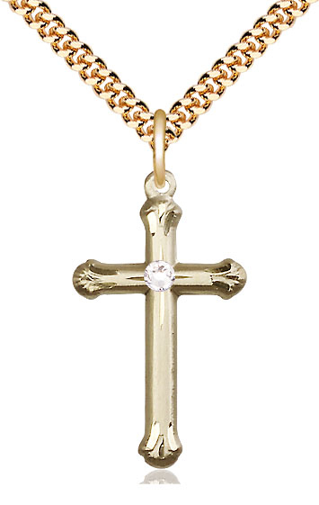 14kt Gold Filled Cross Pendant with a 3mm Crystal Swarovski stone on a 24 inch Gold Plate Heavy Curb chain