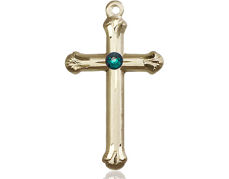 14kt Gold Filled Cross Medal with a 3mm Emerald Swarovski stone