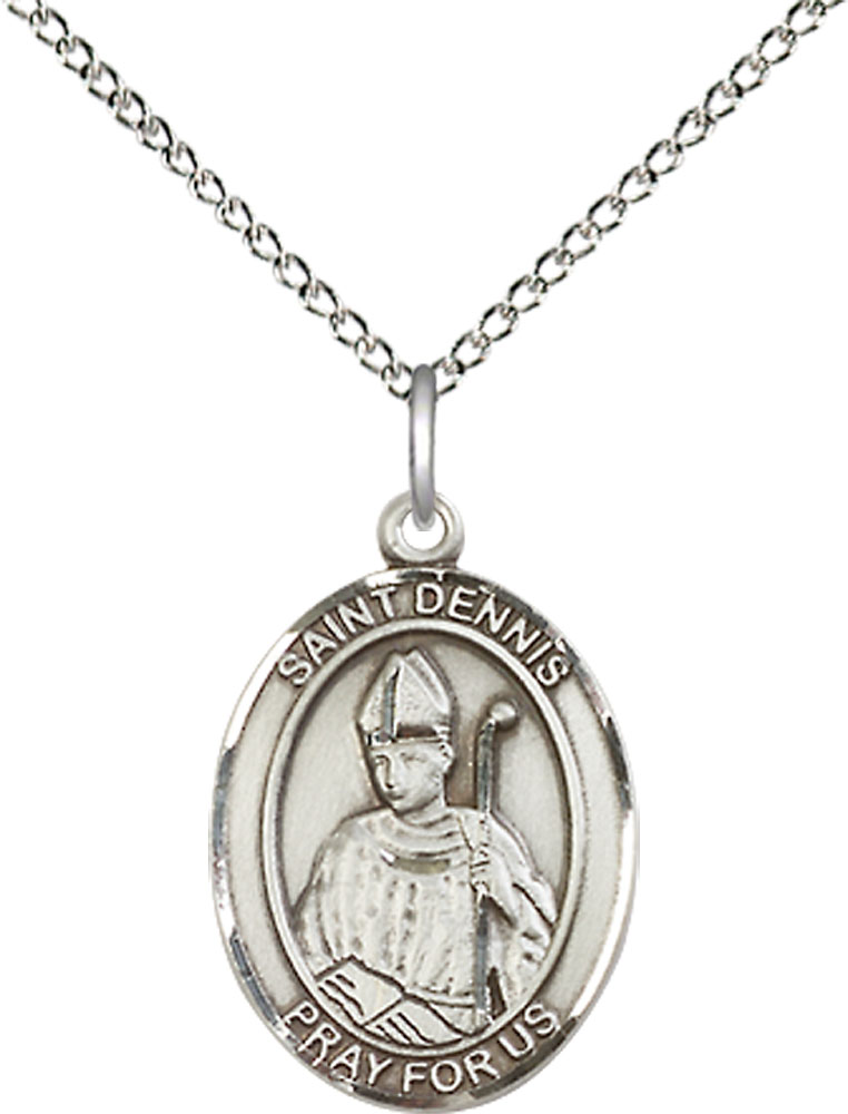 Sterling Silver Saint Dennis Pendant on a 18 inch Sterling Silver Light Curb chain