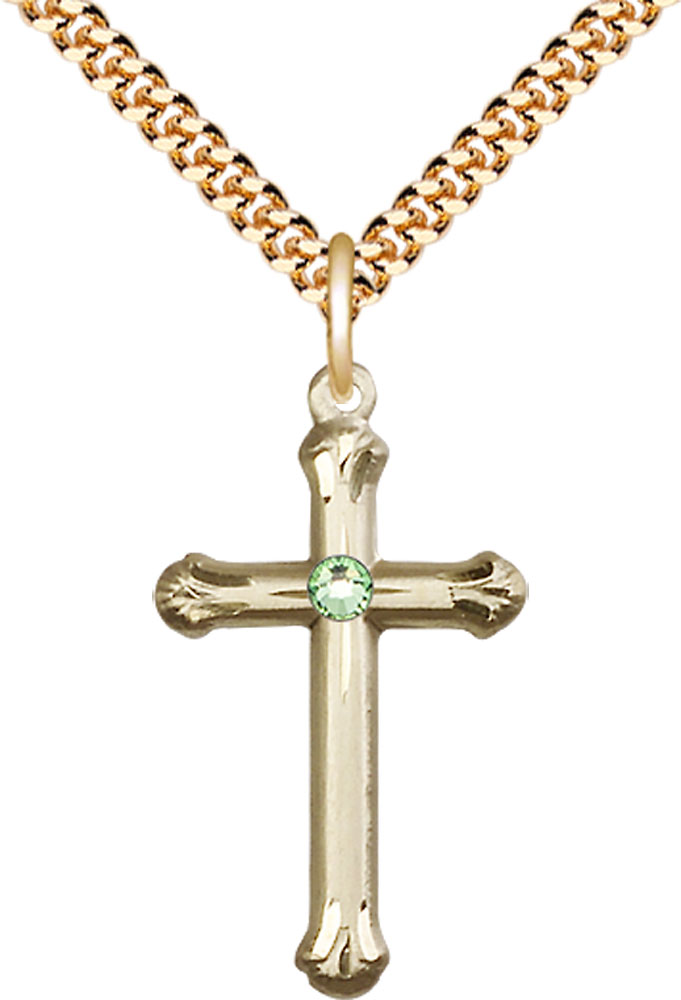 14kt Gold Filled Cross Pendant with a 3mm Peridot Swarovski stone on a 24 inch Gold Plate Heavy Curb chain