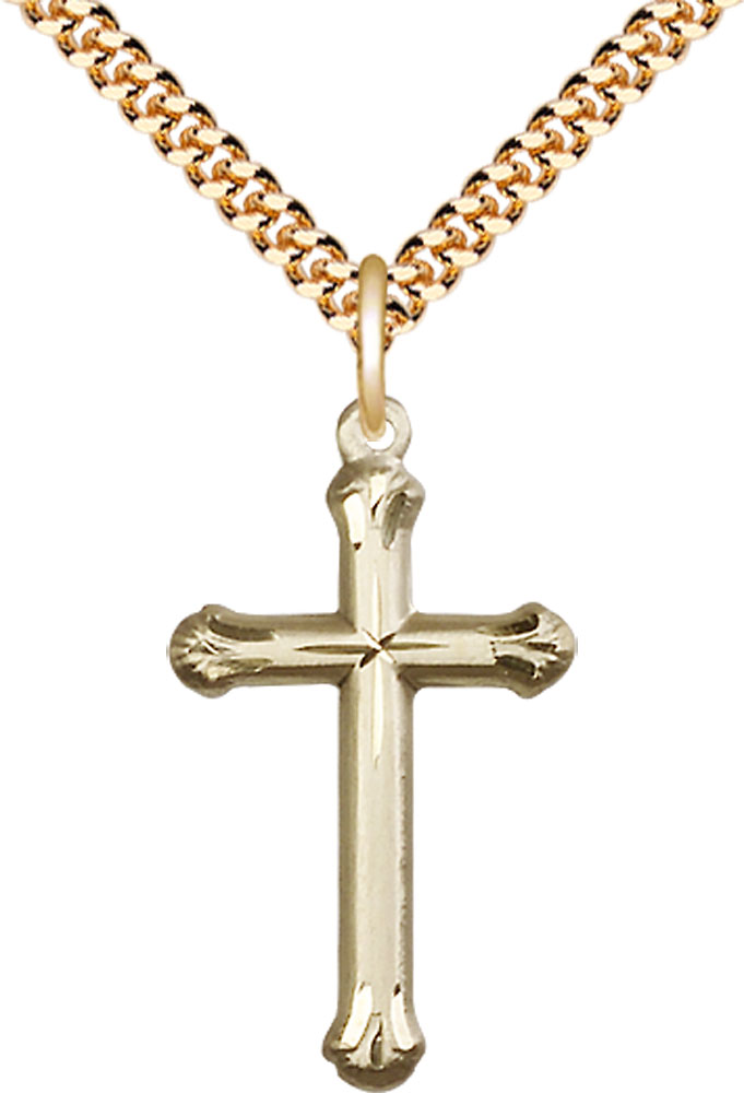 14kt Gold Filled Cross Pendant on a 24 inch Gold Plate Heavy Curb chain
