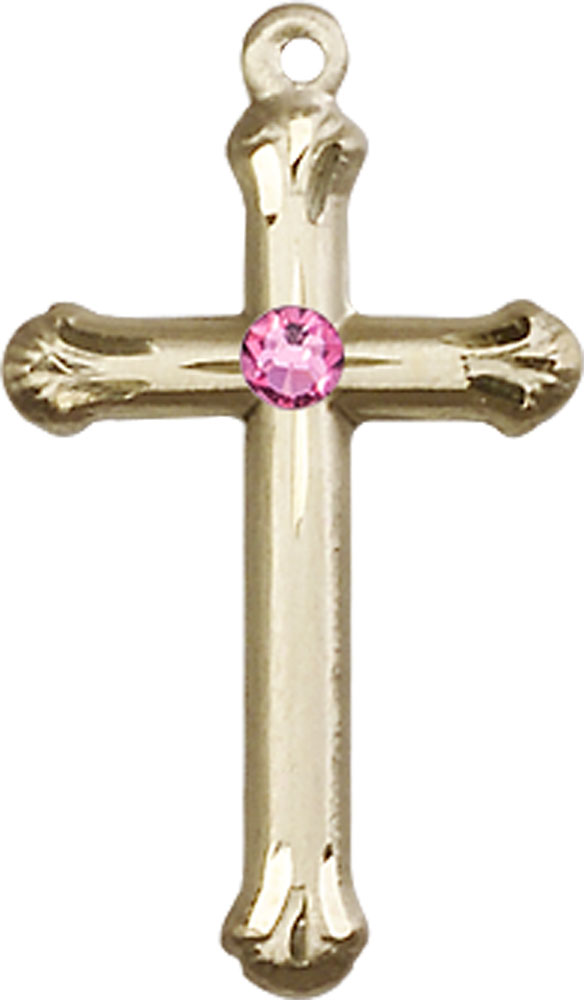 14kt Gold Cross Medal with a 3mm Rose Swarovski stone