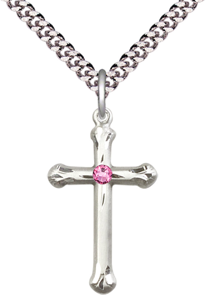 Sterling Silver Cross Pendant with a 3mm Rose Swarovski stone on a 24 inch Light Rhodium Heavy Curb chain