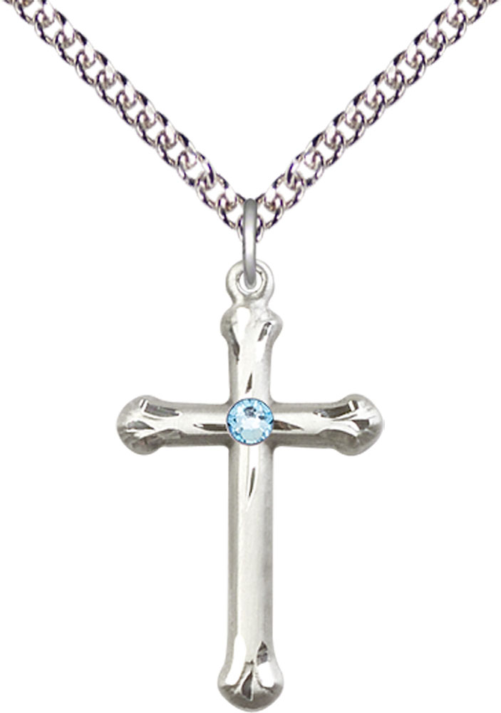 Sterling Silver Cross Pendant with a 3mm Aqua Swarovski stone on a 24 inch Sterling Silver Heavy Curb chain
