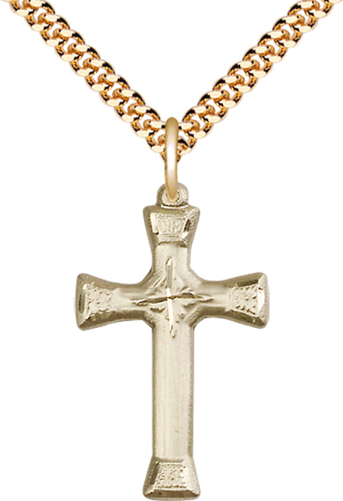 14kt Gold Filled Cross Pendant on a 24 inch Gold Plate Heavy Curb chain