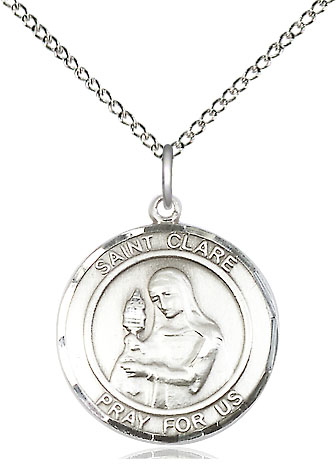 Sterling Silver Saint Clare of Assisi Pendant on a 18 inch Sterling Silver Light Curb chain