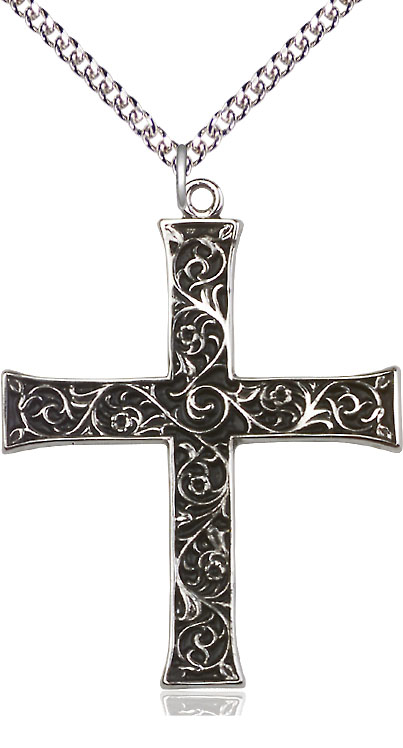 Sterling Silver Cross Pendant on a 24 inch Sterling Silver Heavy Curb chain