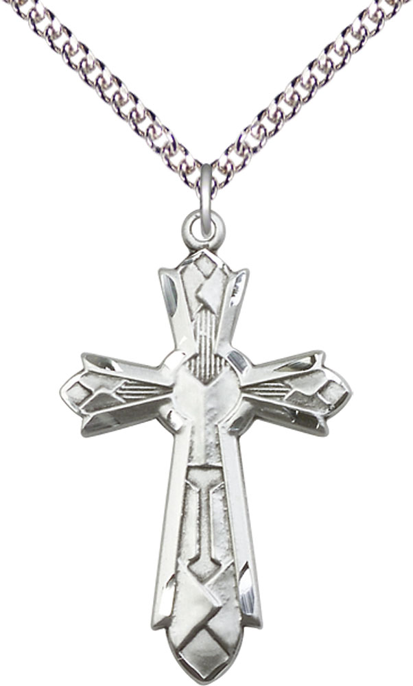 Sterling Silver Mosaic Cross Pendant on a 24 inch Sterling Silver Heavy Curb chain