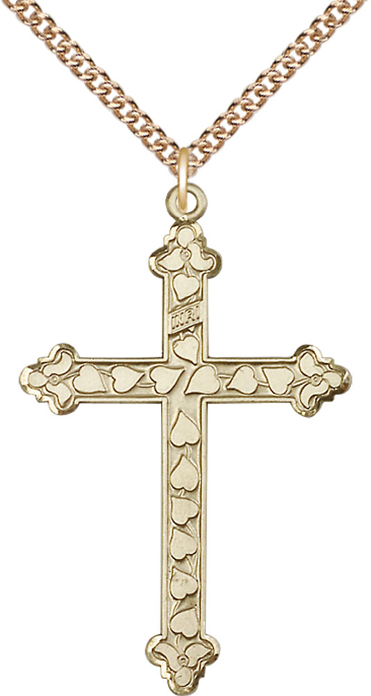 14kt Gold Filled Heart Cross Pendant on a 24 inch Gold Filled Heavy Curb chain