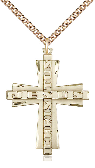 14kt Gold Filled Jesus Christus Cross Pendant on a 24 inch Gold Filled Heavy Curb chain