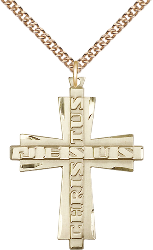 14kt Gold Filled Jesus Christus Cross Pendant on a 24 inch Gold Filled Heavy Curb chain