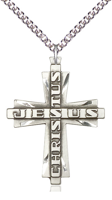 Sterling Silver Jesus Christus Cross Pendant on a 24 inch Sterling Silver Heavy Curb chain