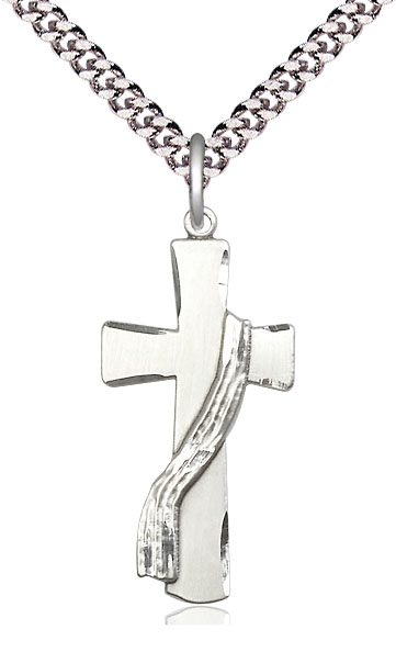 Sterling Silver Deacon Cross Pendant on a 24 inch Light Rhodium Heavy Curb chain